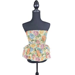 Floral Jacquard Bustier Peplum Top Corset Style Ruffle Trim Tie Back XL Shein